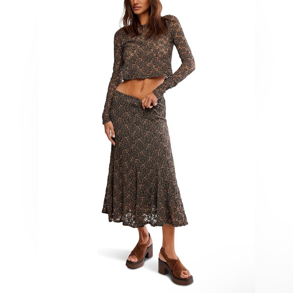 NWOT Free People Matching Set Laney Long Sleeve Version Midi Skirt Size Medium